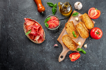 Spanish breakfast with toast of bread with oil and tomato. banner, menu, recipe place for text, top...