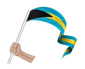 3D illustration. Hand holding flag of Bahamas on a fabric ribbon background.