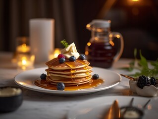 Food photography of Perfect Pancakes with buttermilk & berries, blurred background