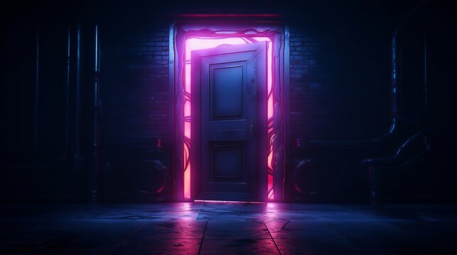 An open door in a dimly lit mysterious room with vibrant pink neon lights