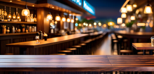 Obraz premium Top of wooden table on blur background with lights of bar cafe coffee shop or restaurant. Using for mock up template for display of your design. generative AI
