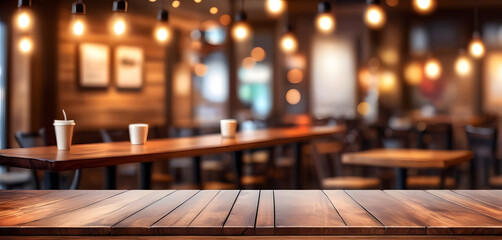 Fototapeta na wymiar Top of wooden table on blur background with lights of bar cafe coffee shop or restaurant. Using for mock up template for display of your design. generative AI