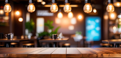 Top of wooden table on blur background with lights of bar cafe coffee shop or restaurant. Using for mock up template for display of your design. generative AI