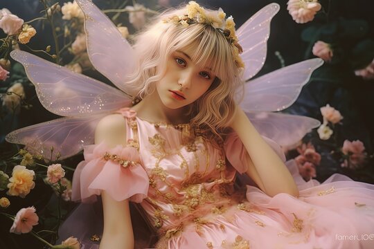 close up portrait of cute girl wearing fairy dress in flower blossom grass field, Generative Ai