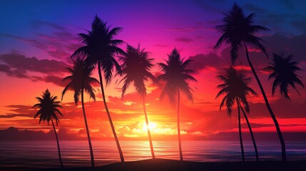 Neon sunset, evening landscape with palm trees, coast by the sea.
