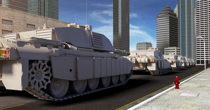 Advancing Armored Forces. Tanks Leading the Way. Group Of Advanced Tanks Moving Forward In The City. War Related 3D Animation.
