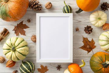 Celebrate the autumn harvesting scene. Top-down image showcases ripe pumpkins and quintessential...