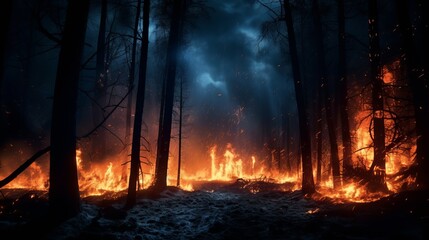 A forest fire spreading rapidly through a dense woodland