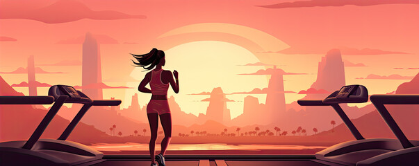 Woman is running on treadmill in sunset light.