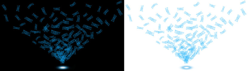 usd dollar sparkle with spot light from bottom, futuristic holographic money transparent background