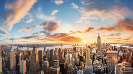 Obraz premium New York City panorama skyline at sunrise. Manhattan office buildings / skysrcapers at the morning. New York City panoramatic shot. 
