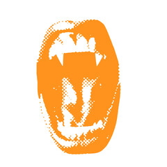 Widely Open vampire mouth with fangs - Halloween halftone dotted realistic clipart. Offset texture Vintage illustration in 90s grunge style