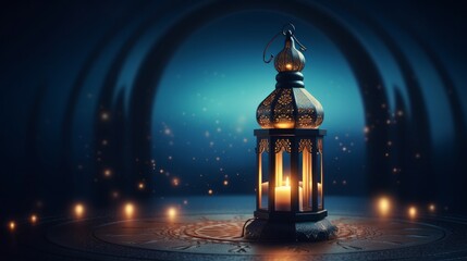 Fototapeta premium Ornamental Arabic lantern with burning candle glowing at night mosque background. Festive greeting card, invitation for Muslim holy month Ramadan Kareem.