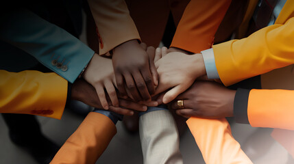 A close up of a mixed ethnic group with different skin color and suits in a circle with hands on top of one another: Bridging cultures, symbolizing united hands in business
