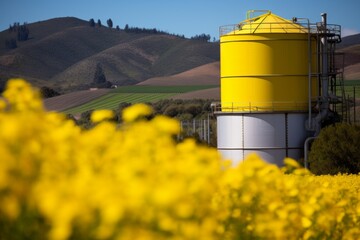 Biofuel storage green ecological biodiesel biogas gasoline gas fuel tanks grain silo tower wheat field agriculture chemical industry future consumption environmental ecology eco-friendly emissions - obrazy, fototapety, plakaty