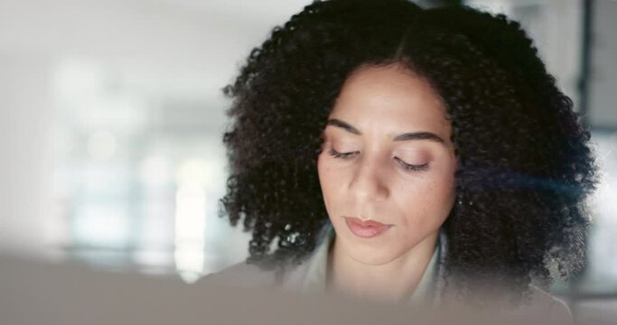 Face, thinking and business woman in office with questions, solution or brainstorming, project and search. Strategy, why and female manager confused by online feedback, review or report on proposal