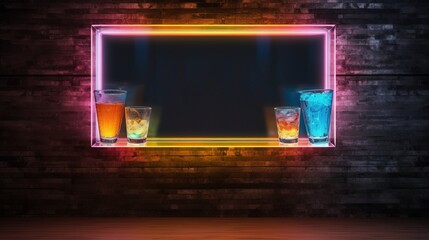 A neon-framed display with shot glasses