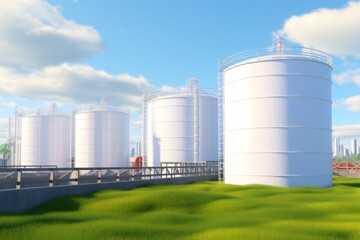 Obraz premium Biofuel storage green ecological biodiesel biogas gasoline gas fuel tanks grain tower green grass meadow factory agriculture chemical industry future consumption environmental ecology eco-friendly