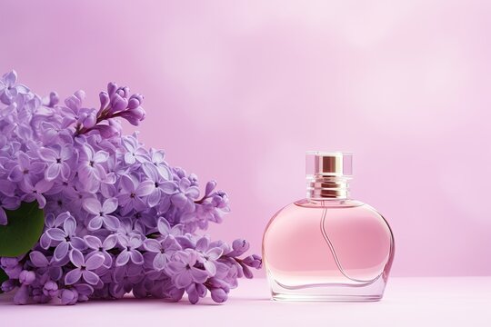 bottle of perfume with beautiful lilac flowers as background - copyspace advertisement template (Generative AI)