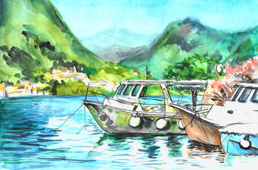 boat on the lake in mountains hand drawn watercolor