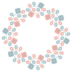 ピンクと水色の花と葉っぱの円フレーム3