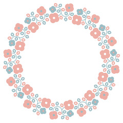 ピンクと水色の花と葉っぱの円フレーム6