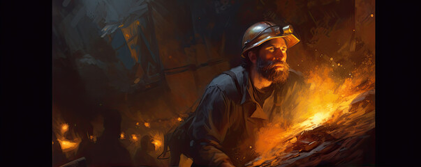 Miner worker in hard dirty work. cartoon style picture.