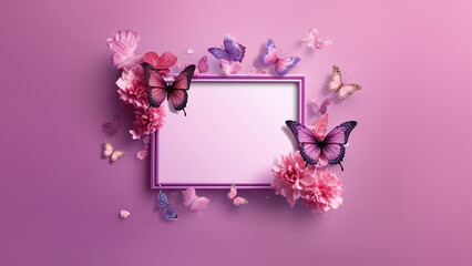 Bilderrahmen leer in Pink mit Blumen und Schmetterlinge dekoriert als Hintergrund und  Grußkarte für Druckvorlage in Querformat, ai generativ