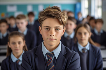 Fototapeta premium A group of children wearing school uniforms with the word school on the front