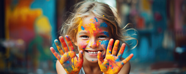 Smiling child with shoving hands painted color.