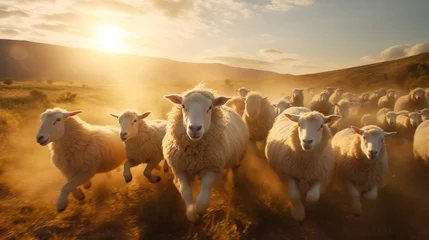 Fototapeten A herd of sheep walking in the mountains. © MiaStendal