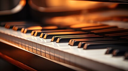 Keys on pianoforte, close-up, musical instrument.