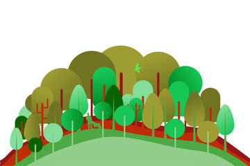 Cute Illustrated Forest isolated on white background. Geometric trees on hill with flying birds. Vector Illustration. EPS 10
