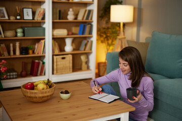 Pretty young woman sitting in cozy living room and making notes to her diary