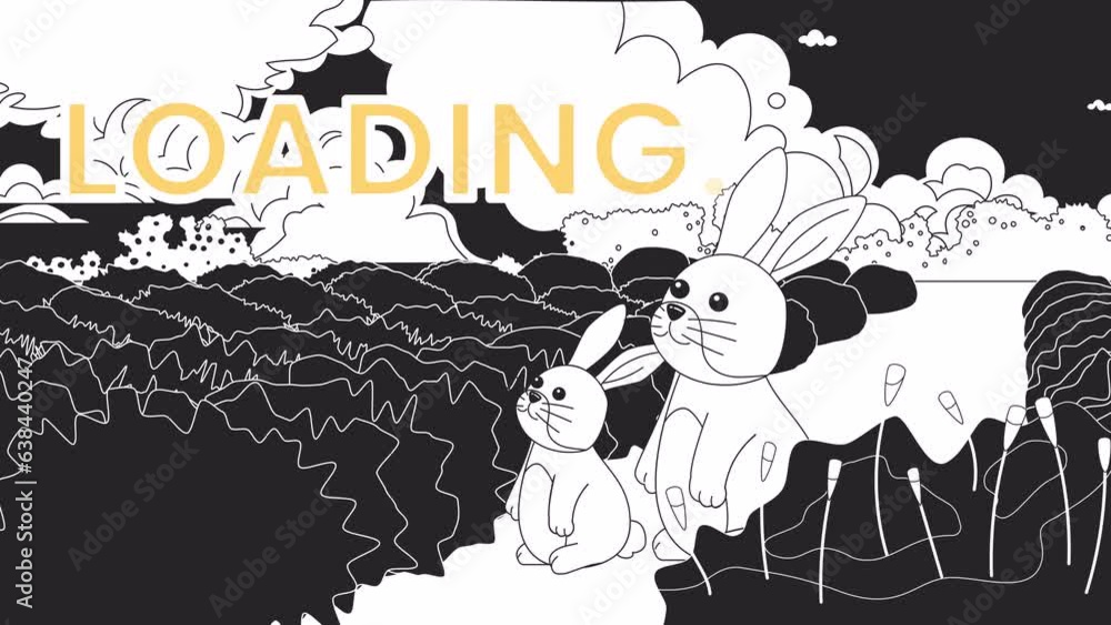 Poster rabbits in lavender field black and white loading animation. bunnies watch fast moving clouds outlin