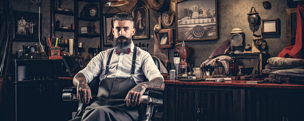 barber cutting beard in barber shop.