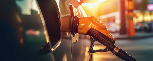 detail of gasoline fuel tank into car on gas station - obrazy, fototapety, plakaty