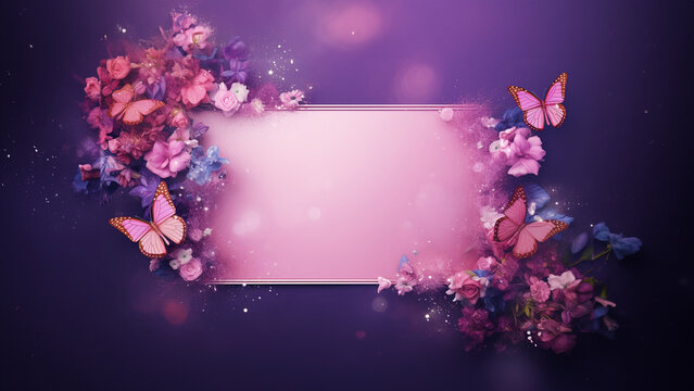Bilderrahmen leer in Pink mit Blumen und Schmetterlinge dekoriert als Hintergrund und  Grußkarte für Druckvorlage in Querformat, ai generativ