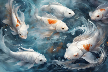 Fantasy realism, digital art, white-nosed carp, thin flower fins with traces, very stylish, high definition, surreal,Illustrations, watercolors,generative ai
