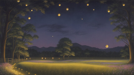 Fototapeta na wymiar Painting of a field with a path and a full moon, anime countryside landscape, field of flowers at night, cozy night fireflies