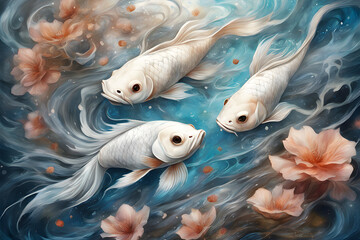 Fantasy realism, digital art, white-nosed carp, thin flower fins with traces, very stylish, high definition, surreal,Illustrations, watercolors,generative ai