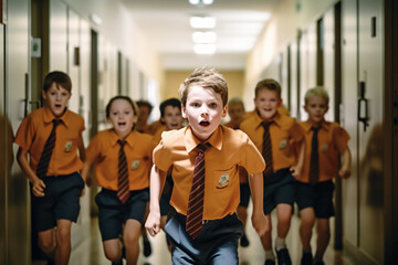 A group of school children walking in a hallway with their backpacks open
