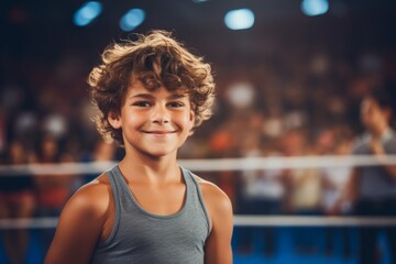 Portrait of smiling boy standing in boxing ring at sports arena during boxing match