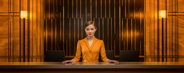 woman receptionist in luxury hotel. wide banner, - obrazy, fototapety, plakaty