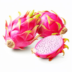 Red dragon fruit, whole fruit and half. Tropical fruits 3d Design Element For Web Or Print Packaging. Vector Illustration.