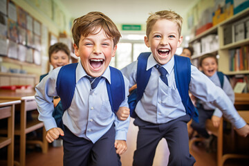 A group of children wearing school uniforms and wearing backpacks running down the hallway - obrazy, fototapety, plakaty