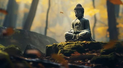 Rolgordijnen A serene Buddha statue surrounded by nature in a peaceful forest setting © NK