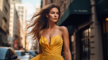 A beautiful young girl in a yellow dress walks on the streets of a large metropolis.