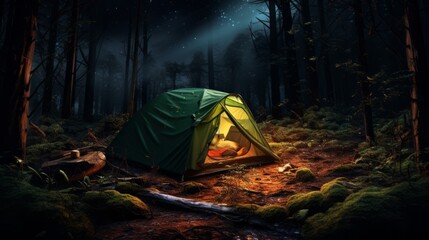 A cozy camping tent in the woods with a crackling campfire - obrazy, fototapety, plakaty