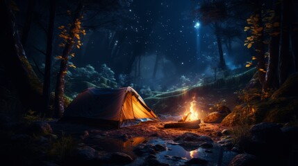 A cozy camping tent in the woods with a crackling campfire